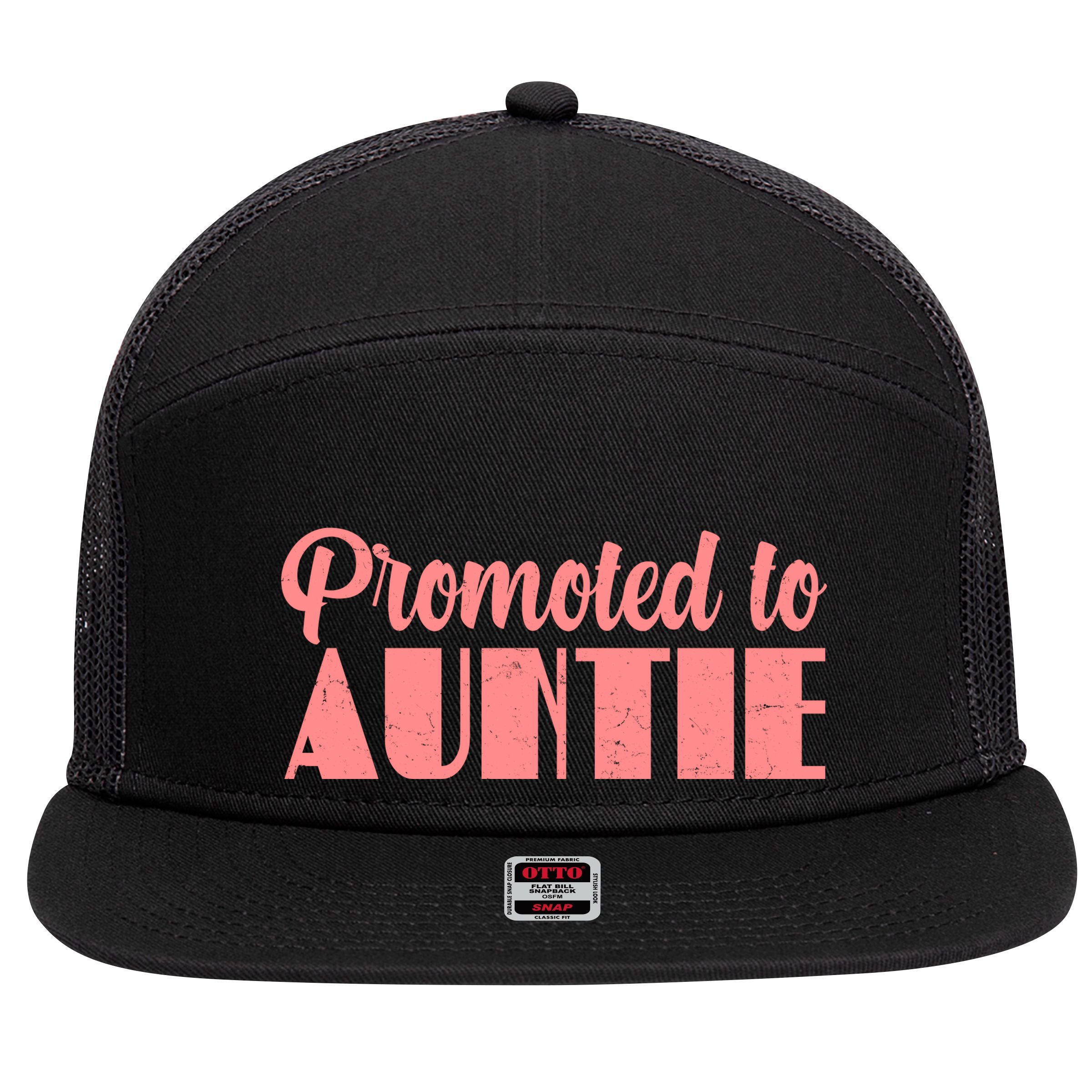 Promoted To Auntie New Baby Niece Nephew 7 Panel Mesh Trucker Snapback Hat