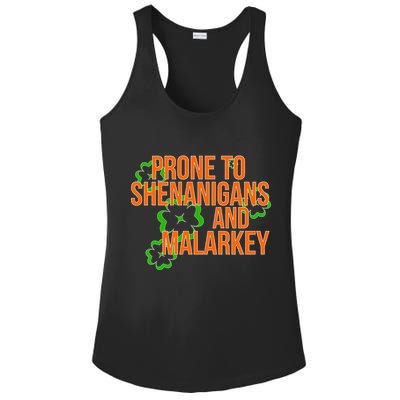Prone to Shenanigans and Malarkey St Patty's Day Ladies PosiCharge Competitor Racerback Tank
