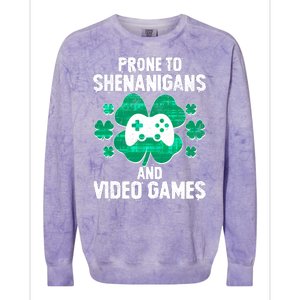 Prone To Shenanigans Video Games Shamrock Gamer Colorblast Crewneck Sweatshirt