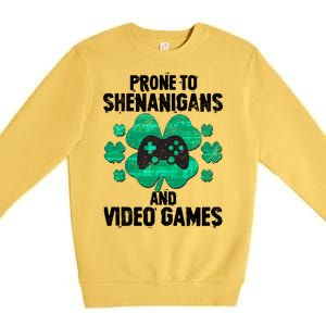 Prone To Shenanigans Video Games Shamrock Gamer Premium Crewneck Sweatshirt