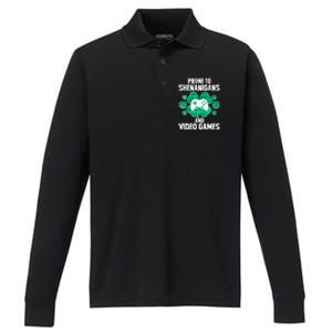 Prone To Shenanigans Video Games Shamrock Gamer Performance Long Sleeve Polo