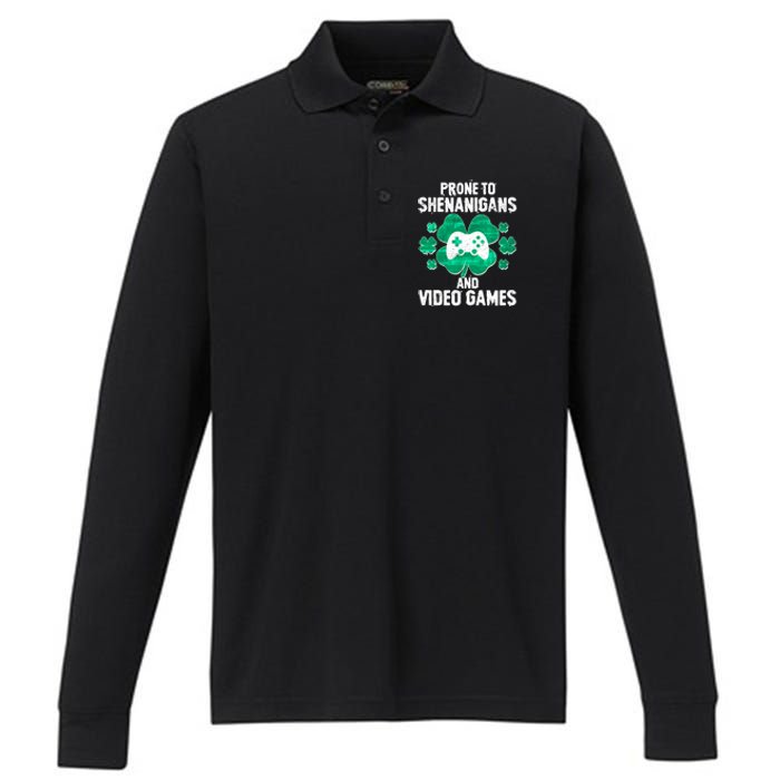 Prone To Shenanigans Video Games Shamrock Gamer Performance Long Sleeve Polo