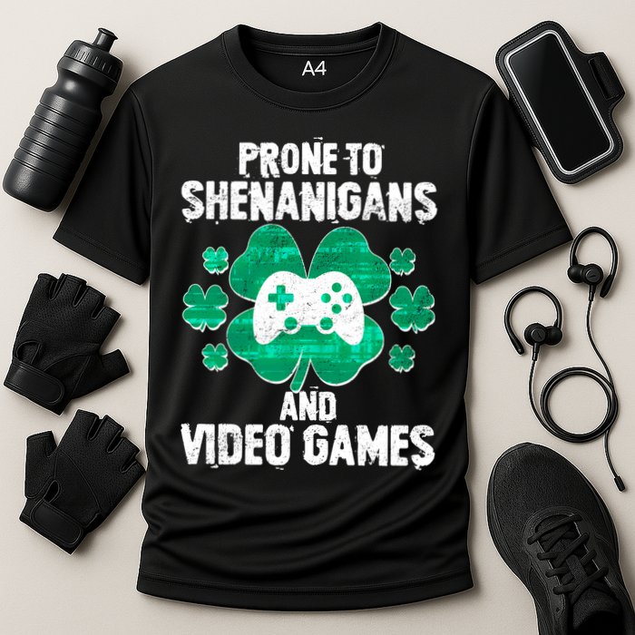 Prone To Shenanigans Video Games Shamrock Gamer Cooling Performance Crew T-Shirt