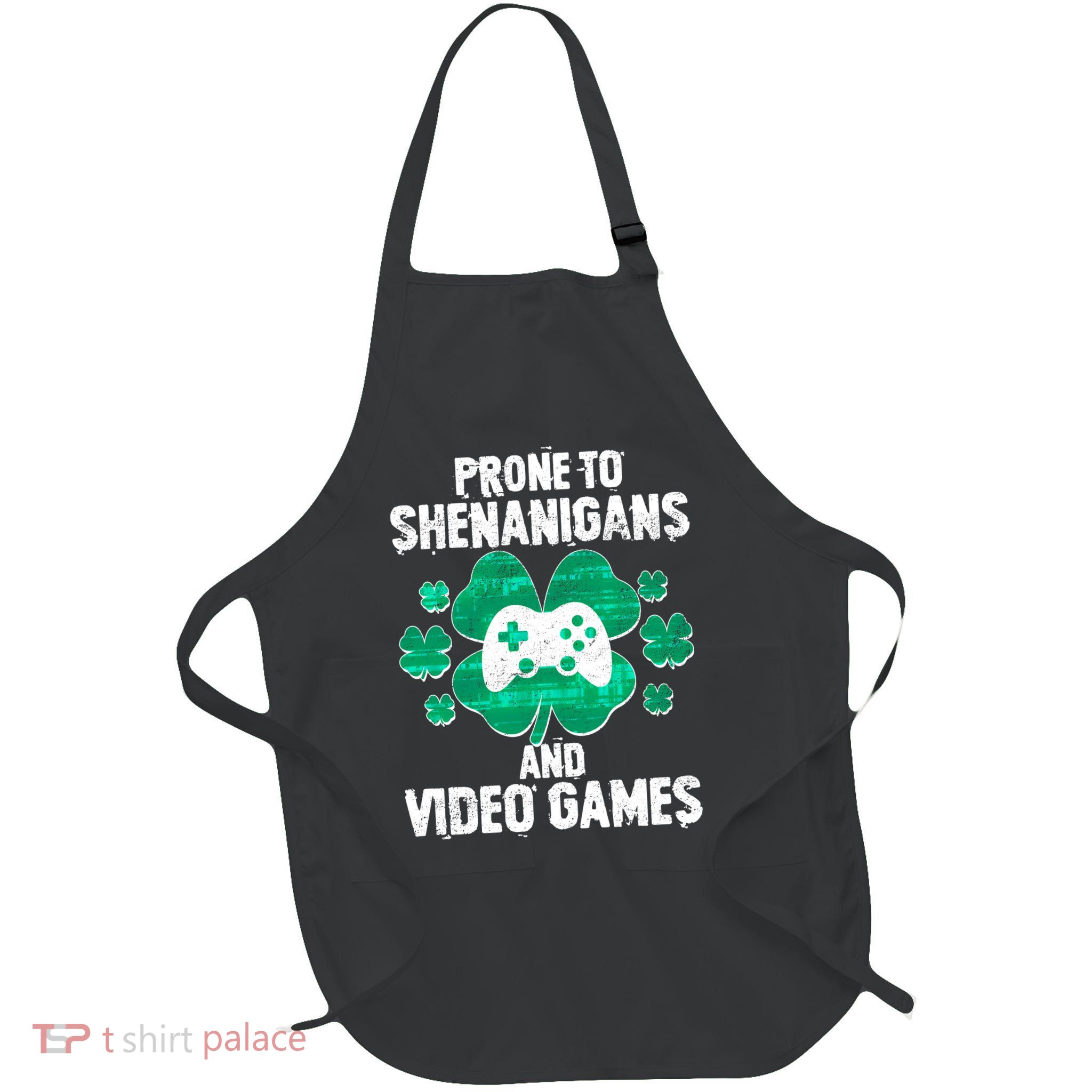 Prone To Shenanigans Video Games Shamrock Gamer Full-Length Apron With Pockets
