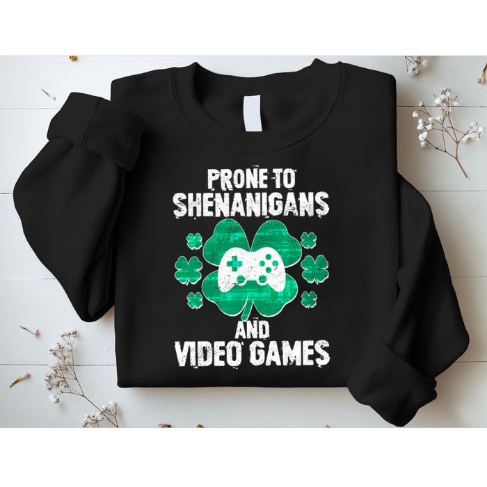 Prone To Shenanigans Video Games Shamrock Gamer Sweatshirt