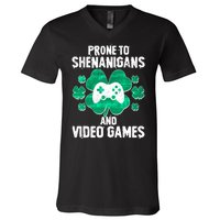 Prone To Shenanigans Video Games Shamrock Gamer V-Neck T-Shirt