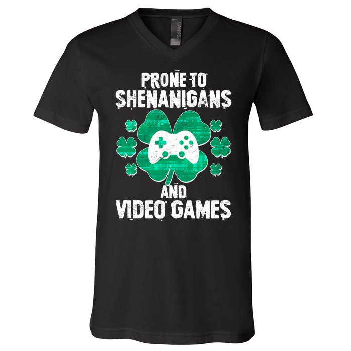 Prone To Shenanigans Video Games Shamrock Gamer V-Neck T-Shirt