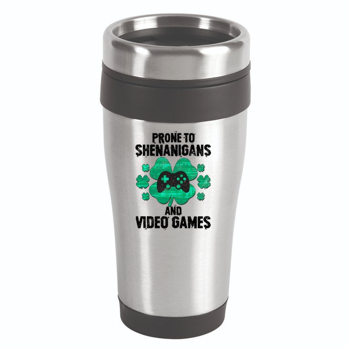 Prone To Shenanigans Video Games Shamrock Gamer 16oz Travel Tumbler