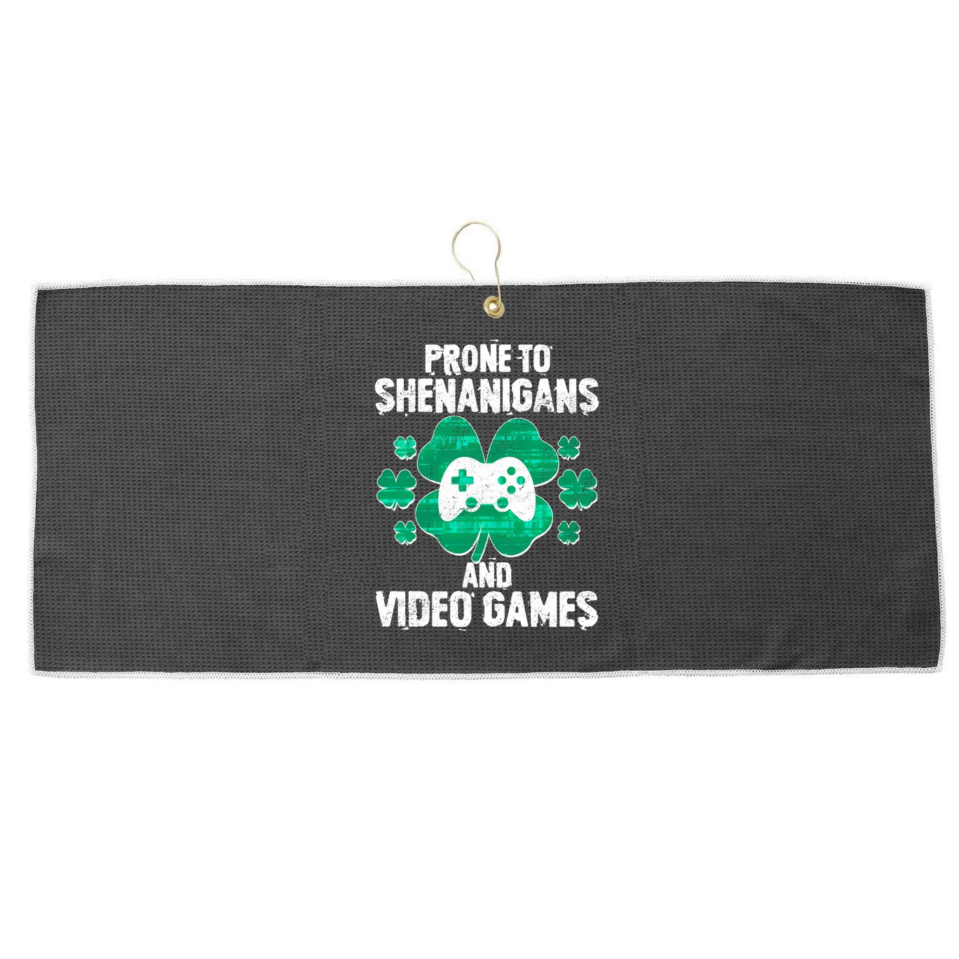 Prone To Shenanigans Video Games Shamrock Gamer Large Microfiber Waffle Golf Towel