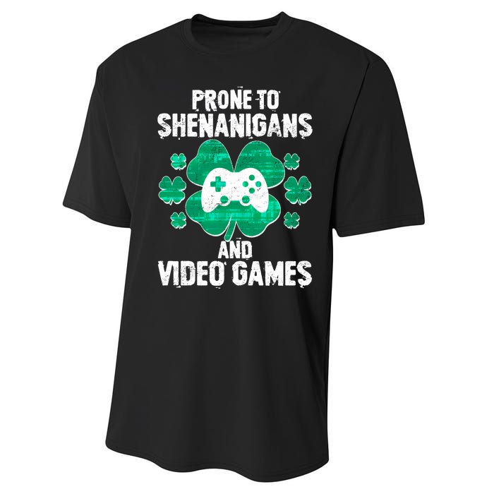 Prone To Shenanigans Video Games Shamrock Gamer Performance Sprint T-Shirt