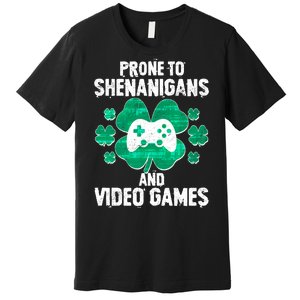 Prone To Shenanigans Video Games Shamrock Gamer Premium T-Shirt