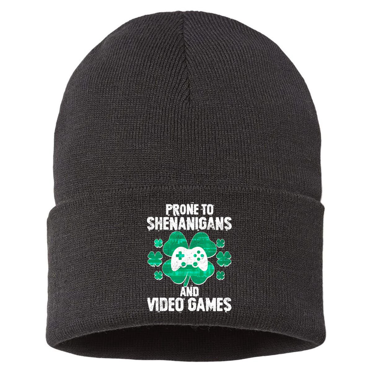 Prone To Shenanigans Video Games Shamrock Gamer Sustainable Knit Beanie