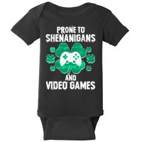 Prone To Shenanigans Video Games Shamrock Gamer Baby Bodysuit