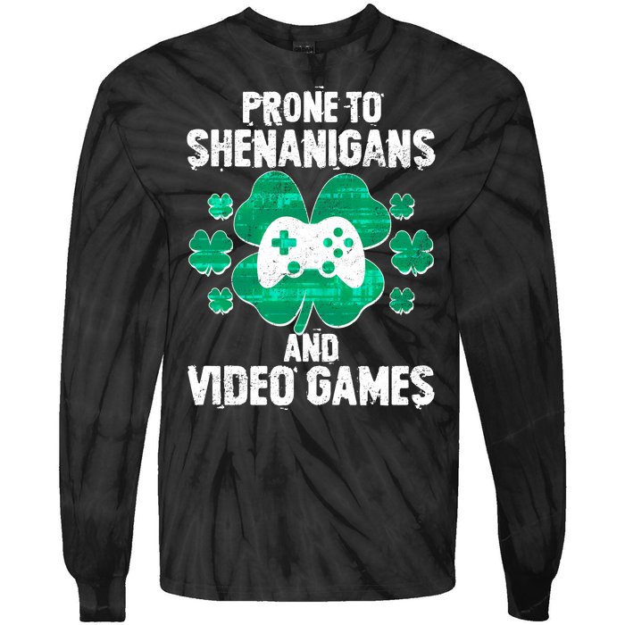 Prone To Shenanigans Video Games Shamrock Gamer Tie-Dye Long Sleeve Shirt