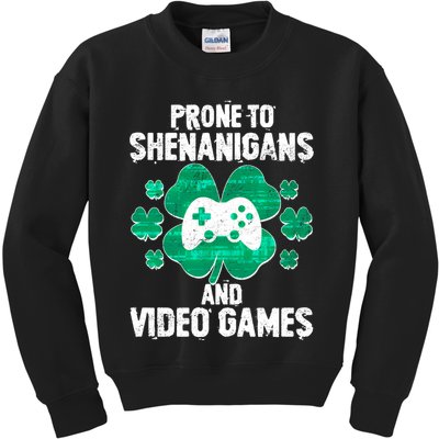 Prone To Shenanigans Video Games Shamrock Gamer Kids Sweatshirt