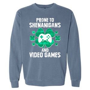 Prone To Shenanigans Video Games Shamrock Gamer Garment-Dyed Sweatshirt