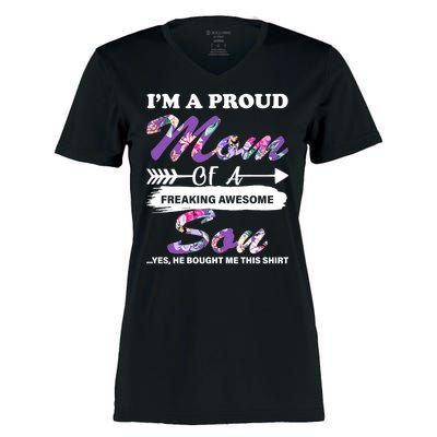 Proud Mom Of A Freaking Awesome Son Women's Momentum V-Neck T-Shirt