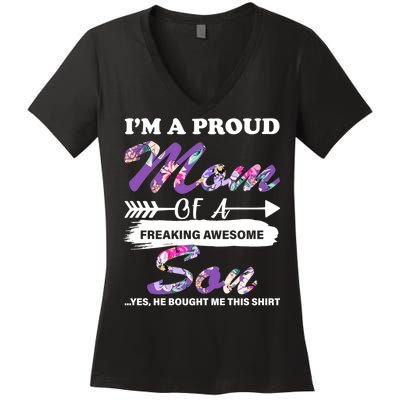 Proud Mom Of A Freaking Awesome Son Women's V-Neck T-Shirt