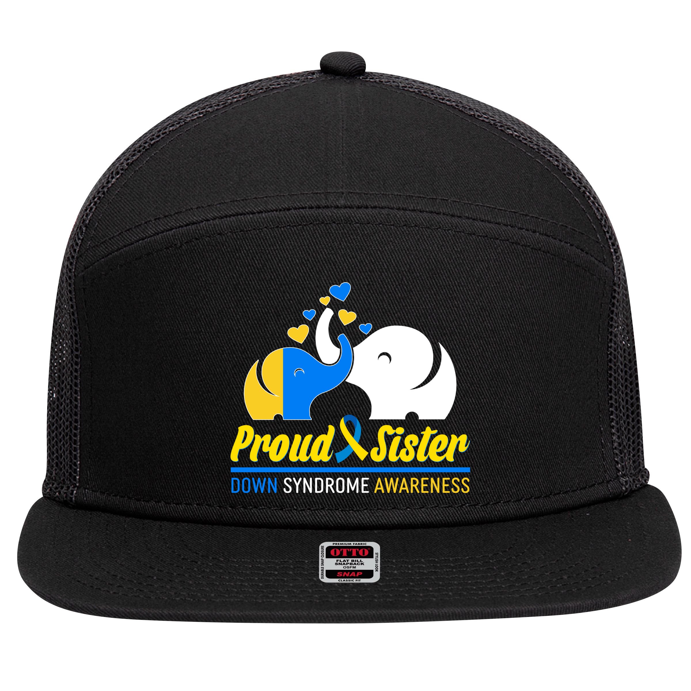 Proud Sister Down Syndrome Awareness Elephants 7 Panel Mesh Trucker Snapback Hat
