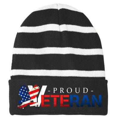 Proud USA Veteran Eagle Striped Beanie with Solid Band