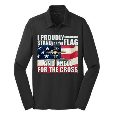 Proudly Stand For The Flag And Kneel For The Cross Silk Touch Performance Long Sleeve Polo