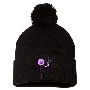 Purple Ribbon Pancreatic Cancer Awareness Pom Pom 12in Knit Beanie