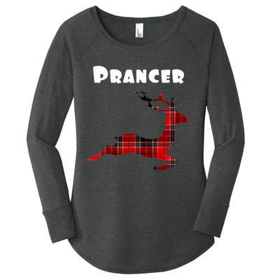 Prancer Red Plaid Reindeer Christmas Holiday Women's Perfect Tri Tunic Long Sleeve Shirt