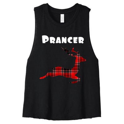 Prancer Red Plaid Reindeer Christmas Holiday Women's Racerback Cropped Tank