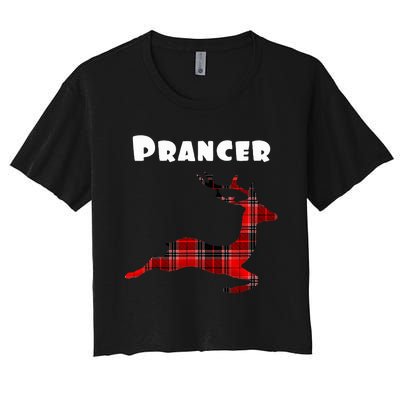 Prancer Red Plaid Reindeer Christmas Holiday Women's Crop Top Tee