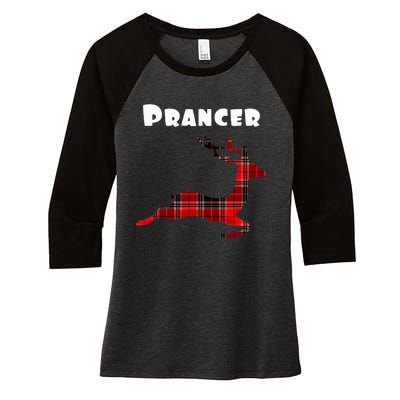 Prancer Red Plaid Reindeer Christmas Holiday Women's Tri-Blend 3/4-Sleeve Raglan Shirt