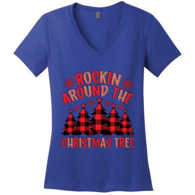 Plaid Retro Rockin Around The Christmas Tree Gift Women's V-Neck T-Shirt