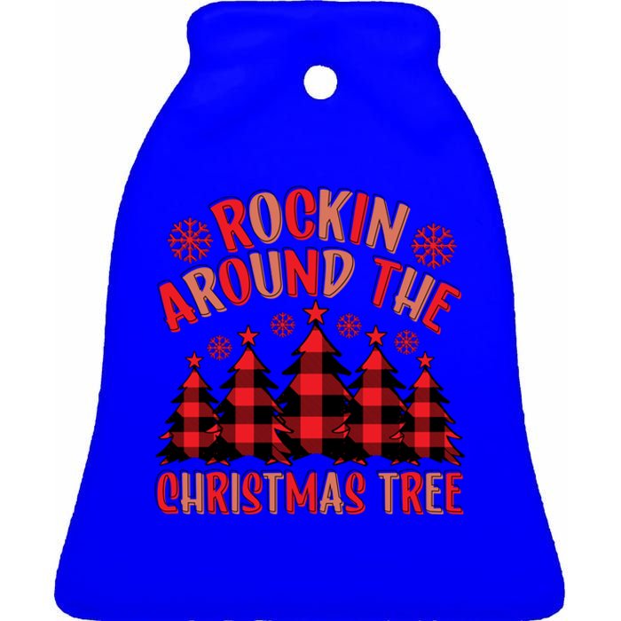 Plaid Retro Rockin Around The Christmas Tree Gift Ceramic Bell Ornament