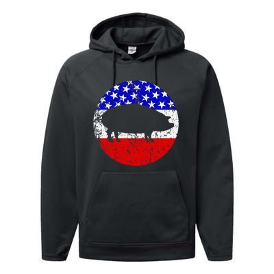 Pig Roast Retro Style Bbq Cookout American Flag Performance Fleece Hoodie