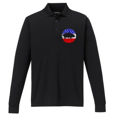 Pig Roast Retro Style Bbq Cookout American Flag Performance Long Sleeve Polo