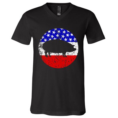 Pig Roast Retro Style Bbq Cookout American Flag V-Neck T-Shirt