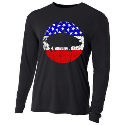 Pig Roast Retro Style Bbq Cookout American Flag Cooling Performance Long Sleeve Crew