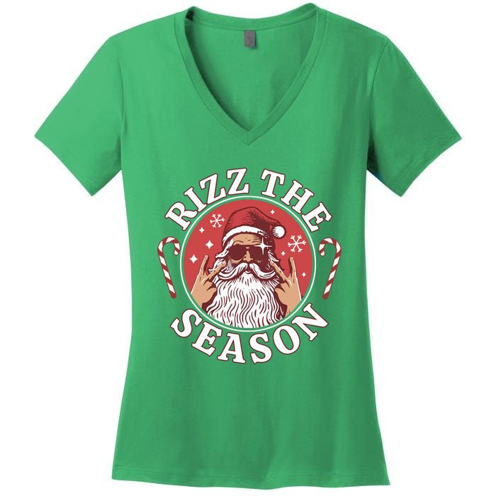 Punk Rock Retro Rizz The Season Funny Santa Clause Rizzler Women's V-Neck T-Shirt