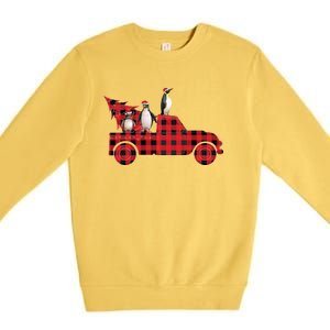 Penguin Riding Red Pajama Tree Truck Funny Penguin Christmas Gift Premium Crewneck Sweatshirt