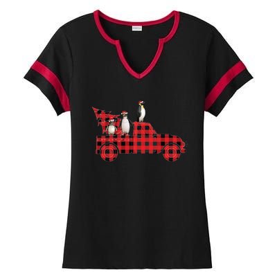 Penguin Riding Red Pajama Tree Truck Funny Penguin Christmas Gift Ladies Halftime Notch Neck Tee