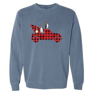 Penguin Riding Red Pajama Tree Truck Funny Penguin Christmas Gift Garment-Dyed Sweatshirt