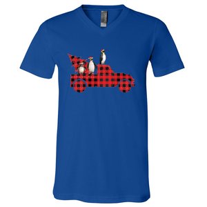 Penguin Riding Red Pajama Tree Truck Funny Penguin Christmas Gift V-Neck T-Shirt