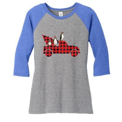 Penguin Riding Red Pajama Tree Truck Funny Penguin Christmas Gift Women's Tri-Blend 3/4-Sleeve Raglan Shirt