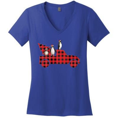 Penguin Riding Red Pajama Tree Truck Funny Penguin Christmas Gift Women's V-Neck T-Shirt