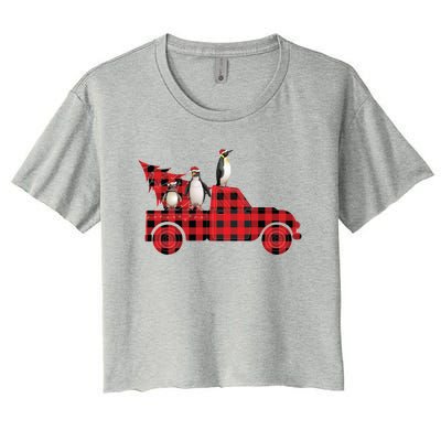 Penguin Riding Red Pajama Tree Truck Funny Penguin Christmas Gift Women's Crop Top Tee