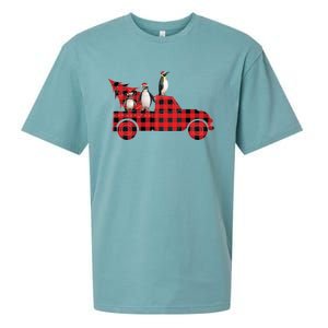 Penguin Riding Red Pajama Tree Truck Funny Penguin Christmas Gift Sueded Cloud Jersey T-Shirt