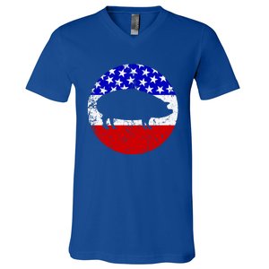 Pig Roast Retro Style Bbq Cookout American Flag Cute Gift V-Neck T-Shirt