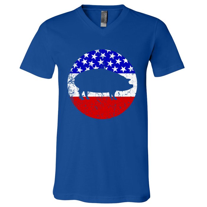 Pig Roast Retro Style Bbq Cookout American Flag Cute Gift V-Neck T-Shirt