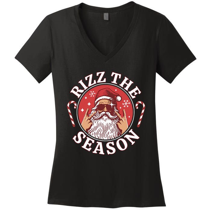 Punk Rock Retro Rizz The Season Funny Santa Clause Rizzler Women's V-Neck T-Shirt