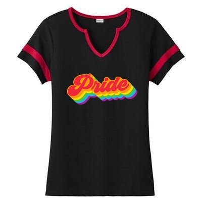 Pride Rainbow Retro LGBTQ Ladies Halftime Notch Neck Tee