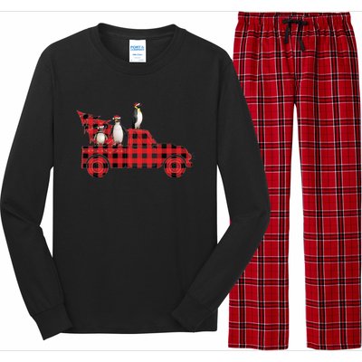 Penguin Riding Red Pajama Tree Truck Funny Penguin Christmas Cute Gift Long Sleeve Pajama Set